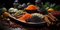Colorful Sri Lankan spices on a wooden bowl