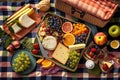colorful picnic blanket with delicious spread of fruits and cheeses