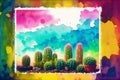 A colorful picture of a variety of cactuses. A colorful cactus painting. Watercolor paint. Digital art, Generative AI