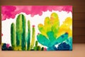 A colorful picture of a variety of cactuses. A colorful cactus painting. Watercolor paint. Digital art, Generative AI