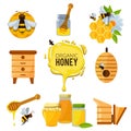 Colorful pictures of honey bumble and different others symbols of apiculture