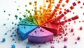 Colorful pie chart breaks apart into scattered cubes. Data segments fly out from main graph. Business analytics, market share, or Royalty Free Stock Photo