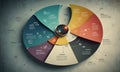colorful pie chart with central red circle and various slices representing different sections, connected by