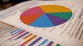 A colorful pie chart is on top of a stack of papers Royalty Free Stock Photo