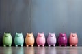 colorful piggy banks in a row, with one standing higher, symbolizing growing savings Royalty Free Stock Photo