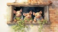 Whimsical Watercolor Illustration: Three Pigs Peeking Out Of Window