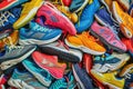 A colorful pile of shoes stacked on top of each other, creating a vibrant display, A jumbled pile of athletic shoes in a variety