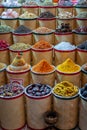 Colorful piles of spices in Dubai souks United Arab Emirates