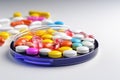 Colorful Pill Tray With Assorted Medication for Daily Dosage Management, Stethoscope with pile of colorful antibiotic capsule