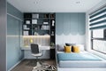 Colorful Pillows lying on the Gray Bed next to the window, Dray Gray Wall Paint and shelf