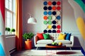 Colorful pillows on a sofa with little vase in foreground. 1980 style