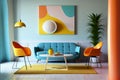 Colorful pillows on a sofa with little vase in foreground. 1980 style