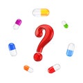 Colorful pills around query mark.