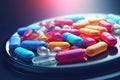 Colorful pills on a black background. 3d illustration. Toned, Pile of colorful medicine pills and capsules in blister packs, AI Royalty Free Stock Photo
