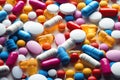 Colorful pills on black background. Focus on foreground, soft bokeh, Pile of colorful medicine pills and capsules in blister packs Royalty Free Stock Photo