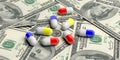 Pills capsules on American dollars background. 3d illustration Royalty Free Stock Photo