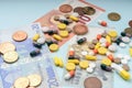 Colorful pills and capsules on dollar banknotes. concept of high cost treatment, preservation of health and medical insurance.