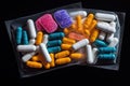 Colorful pills and capsules in plastic bag on black background, top view, Pile of colorful medicine pills and capsules in blister Royalty Free Stock Photo