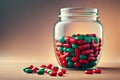 Colorful Pills capsules pouring out of the glass jar or bottle on a gradient brown background. Medicine concept Royalty Free Stock Photo