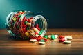 Colorful Pills capsules pouring out of the glass jar or bottle on wooden table background. Medicine concept Royalty Free Stock Photo