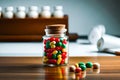 Colorful Pills capsules pouring out of the glass jar or bottle on wooden table with some white medicine bottle in the background. Royalty Free Stock Photo