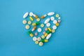 Colorful pills and capsules in shape of heart Royalty Free Stock Photo