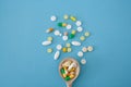 Colorful pills and capsules on a wooden spoon Royalty Free Stock Photo