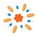 Colorful pills in circular pattern.