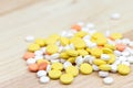 Colorful pills and drugs in close up. Assorted pills and drugs in medicine. Opioid and prescription medication addiction epidemic