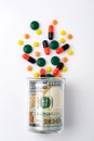 Colorful pills spilled from a bottle made of money. The Concept of Drug Purchase. Royalty Free Stock Photo