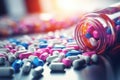 Colorful pills spilling out of pill bottle. Medicine and healthcare concept, Drug prescription for treatment medication. Royalty Free Stock Photo