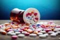 Colorful pills spilling out of pill bottle on wooden table with blue background, Prescription opioids with many bottles of pills