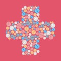 Colorful pills tablets icons in cross shape background. M