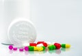 Colorful pills on white background and childproof bottle with blank label and copy space. Pharmacy department in the hospital