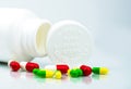 Colorful pills on white background and plastic bottle with blank label and copy space. Childproof packaging. Child resistant pill