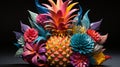 A colorful pineapple and flowers