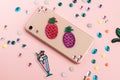 Colorful pineapple patches and rhinestones on beige phone case