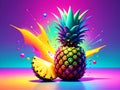 Colorful Pineapple Splash with Vibrant Neon Paint on Modern Background Royalty Free Stock Photo