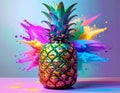 Colorful Pineapple Splash with Vibrant Neon Paint on Modern Background Royalty Free Stock Photo