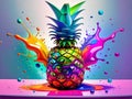 Colorful Pineapple Splash with Vibrant Neon Paint on Modern Background Royalty Free Stock Photo