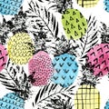 Colorful pineapple with watercolor and grunge textures seamless pattern