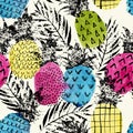 Colorful pineapple with watercolor and grunge textures seamless pattern