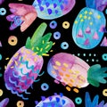 Colorful pineapples with watercolor texture and drawing elements Royalty Free Stock Photo