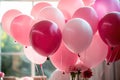 Colorful pink balloons in room prepared for birthday party Royalty Free Stock Photo