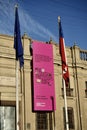 Colorful Pink Banner at The Chilean Museum of Precolumbian Art, Santiago, Chile, October 16, 2023. Royalty Free Stock Photo