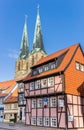 Colorful pink house in the old town of Quedlinburg