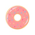 Colorful pink icing donut cartoon. Pink frosting donut with sprinkles.