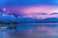 Colorful Pink Sunset Boat Water Reflection Moorea Tahiti Royalty Free Stock Photo