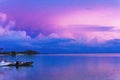 Colorful Pink Sunset Boat Water Reflection Moorea Tahiti Royalty Free Stock Photo