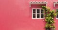 A colorful pink wall of caribbean house with window space and flower and plants and colonial roof Royalty Free Stock Photo